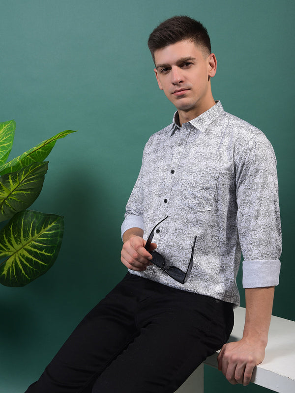 COBB WHITE PRINTED SLIM-FIT CASUAL SHIRT