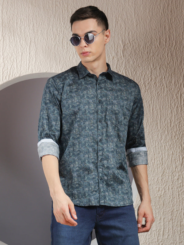 COBB TEAL BLUE PRINTED SLIM-FIT CASUAL SHIRT