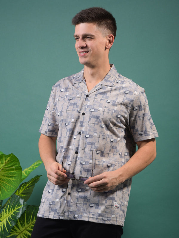 COBB BEIGE PRINTED HALF-SLEEVE CASUAL SHIRT