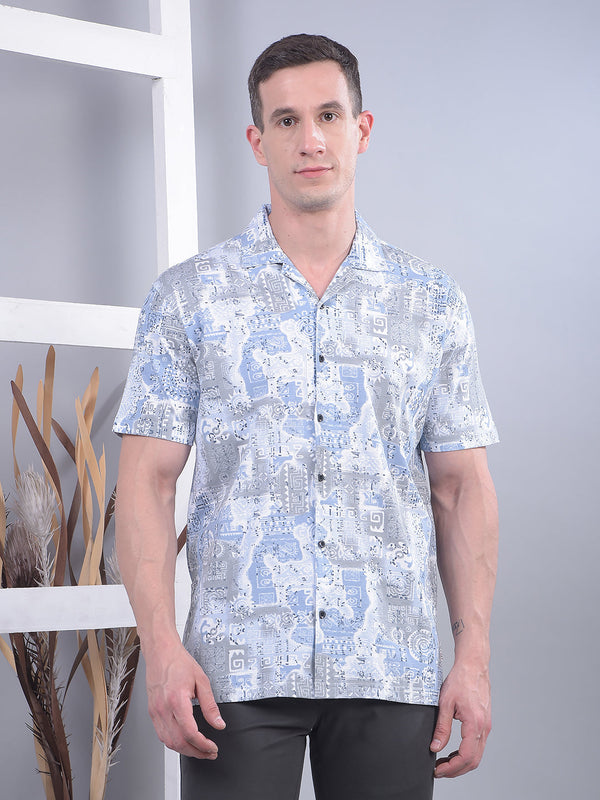 COBB SKY BLUE PRINTED HALF-SLEEVE CASUAL SHIRT