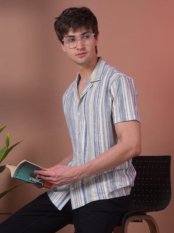 COBB OFF WHITE STRIPED HALF-SLEEVE CASUAL SHIRT