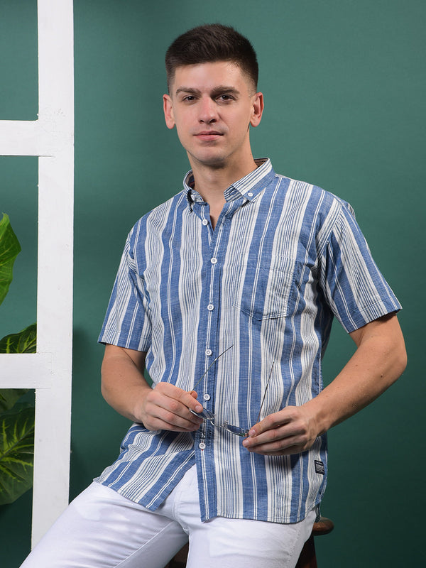 COBB BLUE STRIPED HALF-SLEEVE CASUAL SHIRT