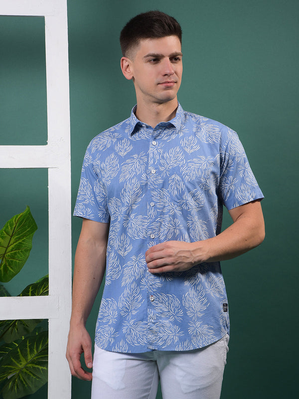 COBB CORNFLOWER BLUE PRINTED HALF-SLEEVE CASUAL SHIRT