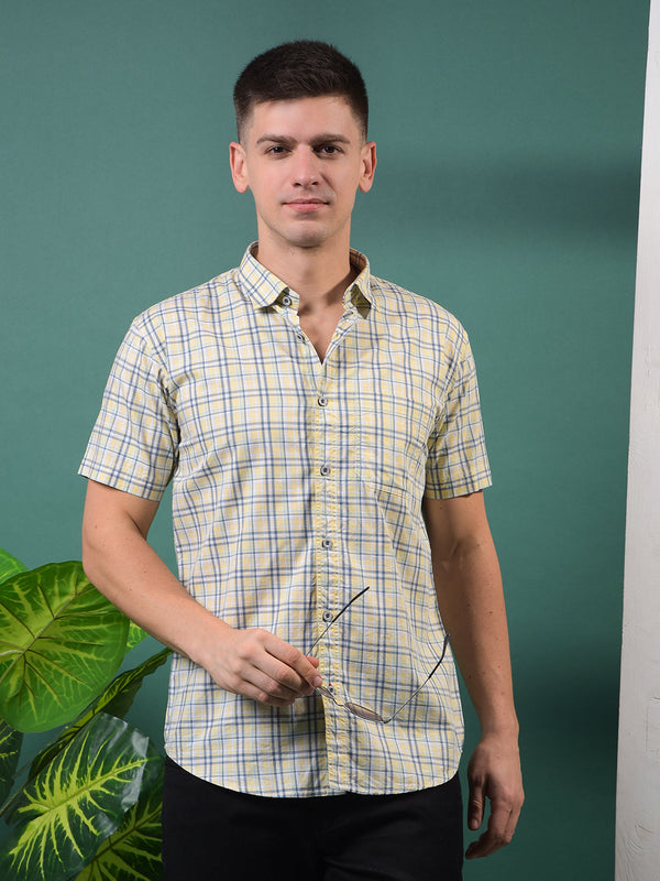 COBB YELLOW CHECKED HALF-SLEEVE CASUAL SHIRT