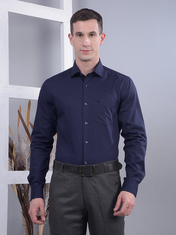 COBB NAVY BLUE SELF-DESIGN SLIM-FIT FORMAL SHIRT