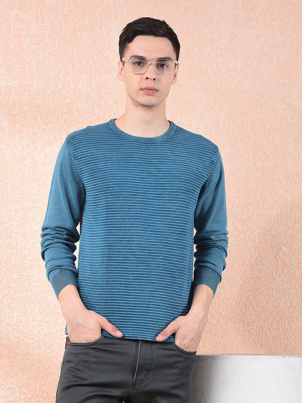 COBB TEAL BLUE STRIPED ROUND NECK SWEATER