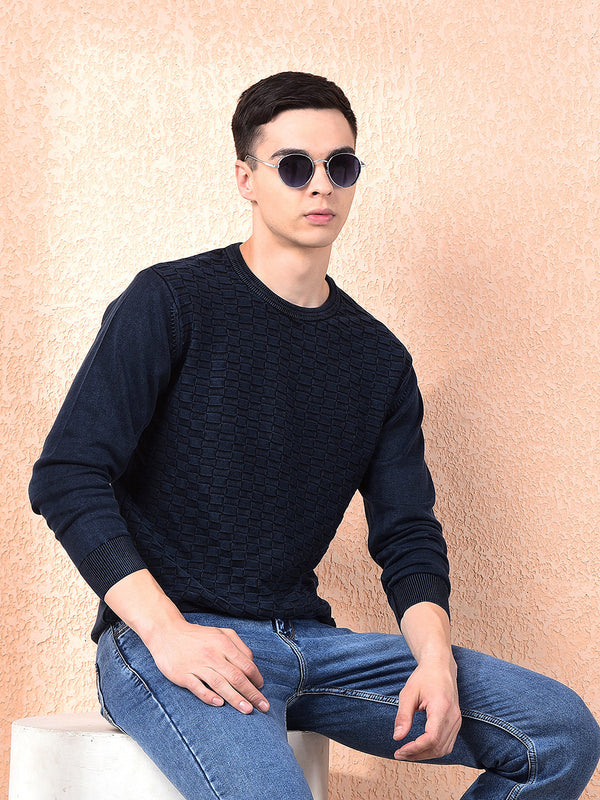 COBB NAVY BLUE SELF-DESIGN ROUND NECK SWEATER