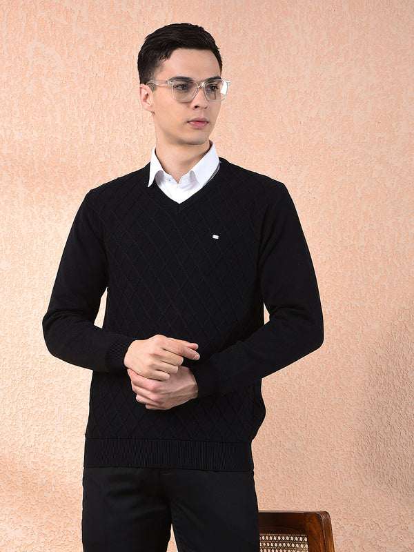 COBB BLACK SELF-DESIGN V-NECK SWEATER