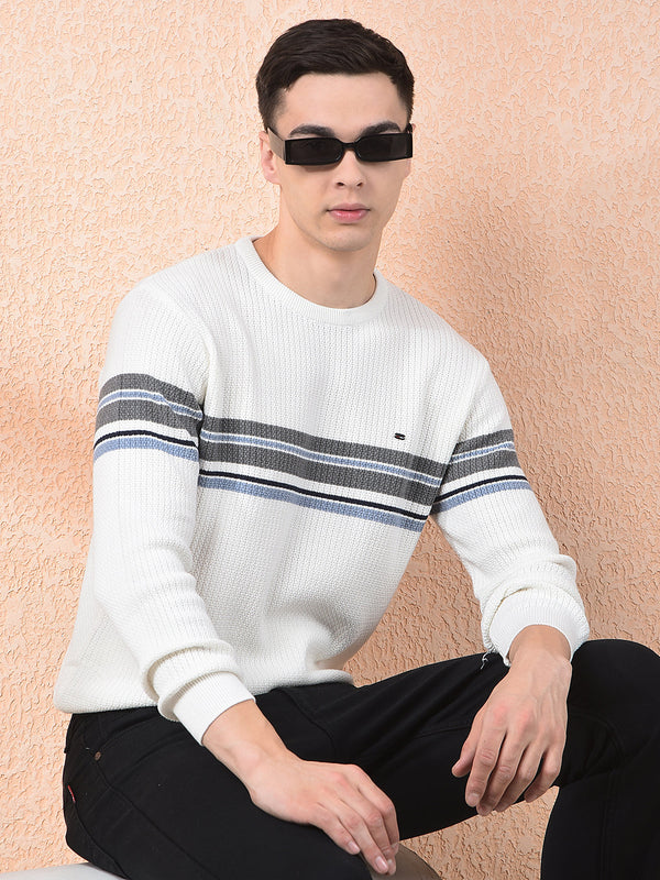 COBB OFF WHITE STRIPED ROUND NECK SWEATER