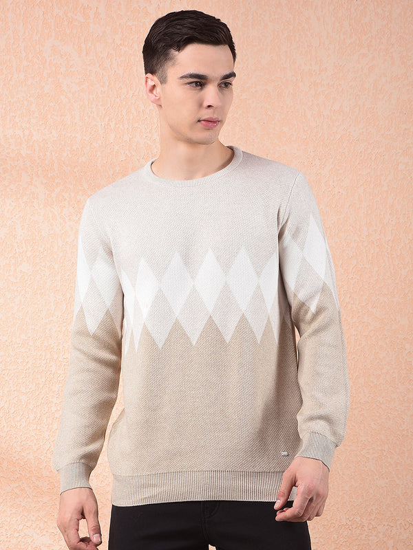 COBB BEIGE SELF-DESIGN ROUND NECK SWEATER