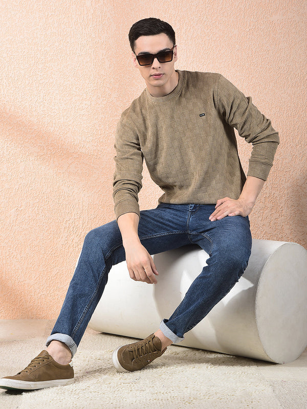 COBB BEIGE SELF-DESIGN ROUND NECK SWEATSHIRT
