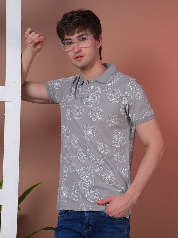 COBB GREY PRINTED POLO NECK T-SHIRT