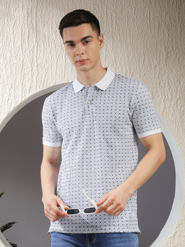 COBB WHITE PRINTED POLO NECK T-SHIRT