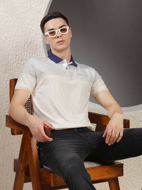 COBB WHITE STRIPED POLO NECK T-SHIRT