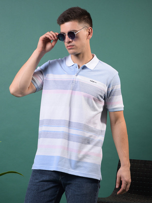COBB SKY BLUE STRIPED POLO NECK T-SHIRT