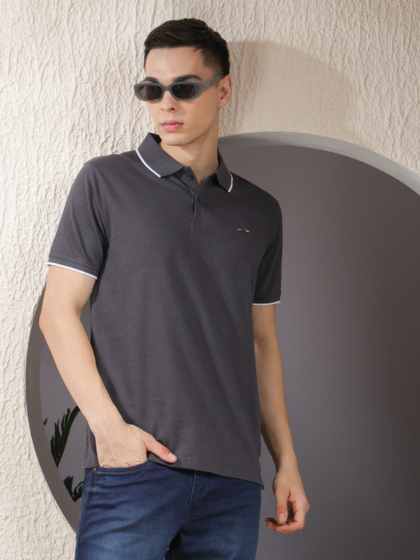 COBB DARK GREY STRIPED POLO NECK T-SHIRT