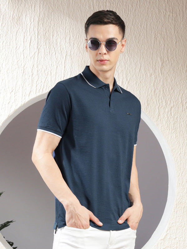 COBB ROYAL BLUE STRIPED POLO NECK T-SHIRT