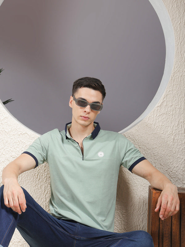 COBB SOLID DUSTY MINT POLO NECK ZIPPER T-SHIRT