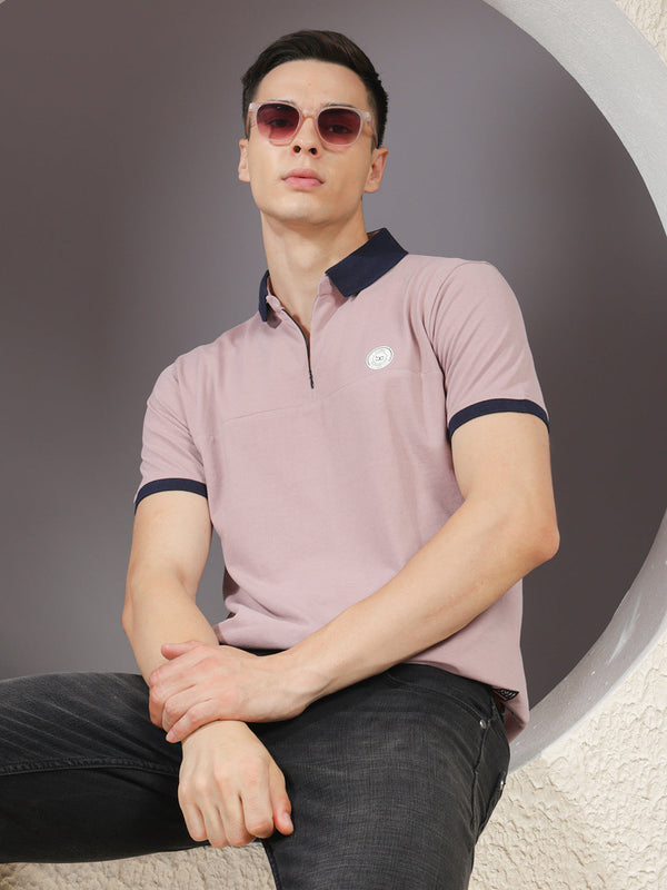 COBB SOLID LIGHT MAUVE POLO NECK ZIPPER T-SHIRT