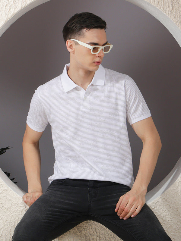 COBB WHITE PRINTED POLO NECK T-SHIRT