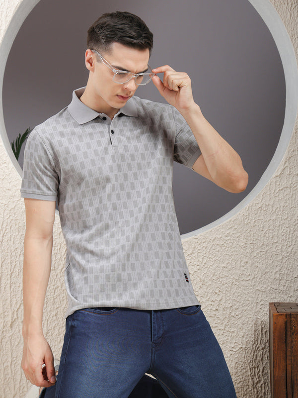 COBB GREY PRINTED POLO NECK T-SHIRT