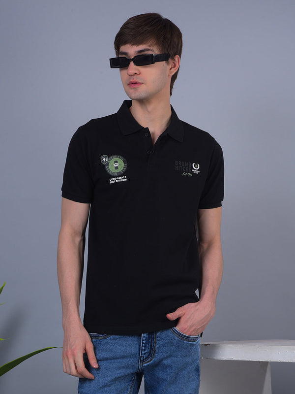 COBB BLACK PRINTED POLO NECK T-SHIRT