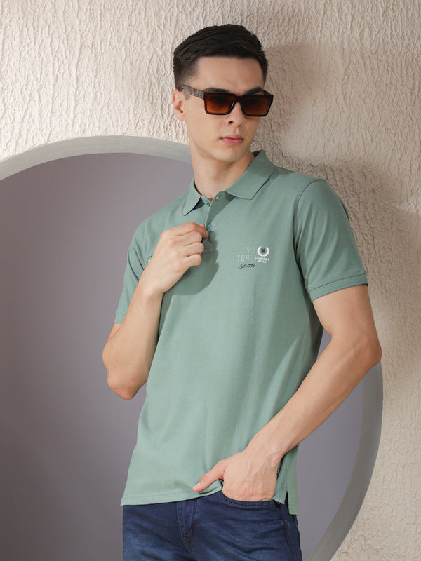 COBB GREEN PRINTED POLO NECK T-SHIRT