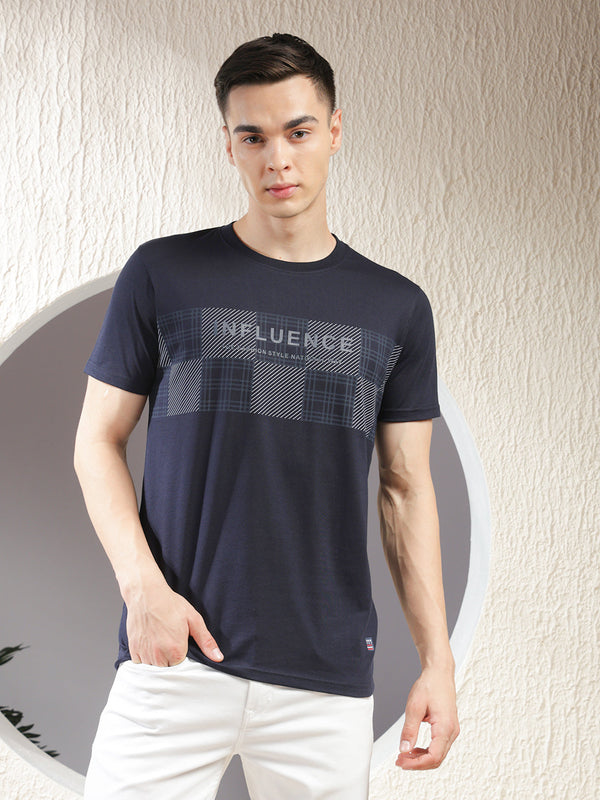 COBB NAVY BLUE PRINTED ROUND NECK T-SHIRT