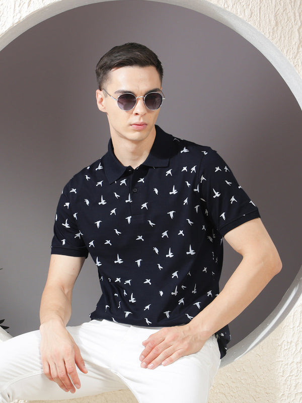 COBB NAVY BLUE PRINTED POLO NECK T-SHIRT