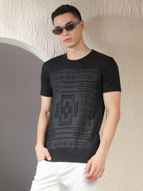 COBB BLACK PRINTED ROUND NECK T-SHIRT