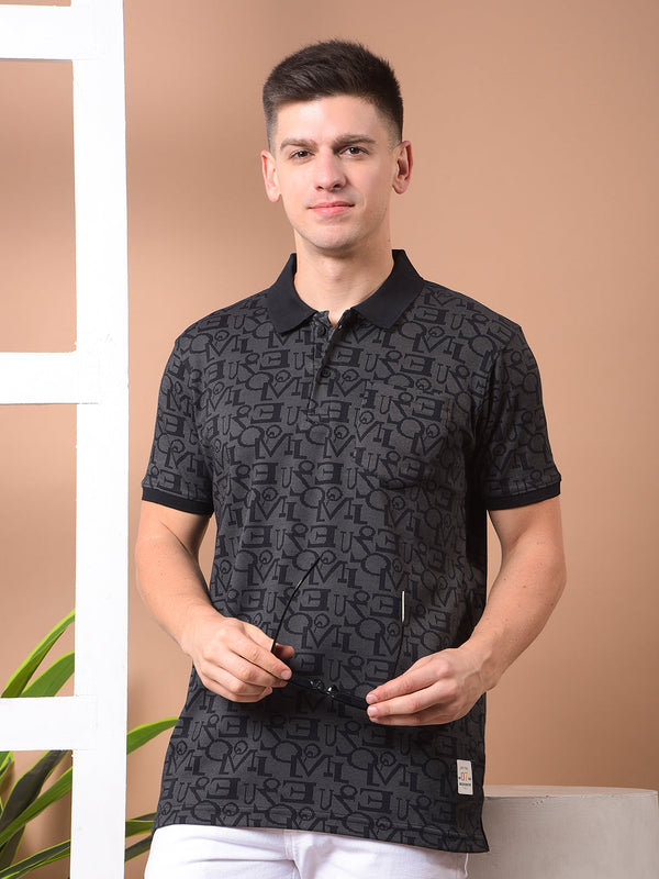 COBB BLACK PRINTED POLO NECK T-SHIRT