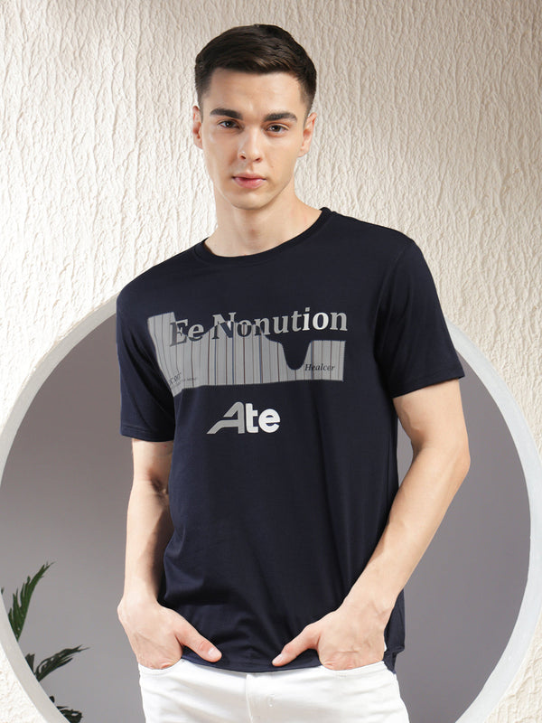 COBB NAVY BLUE PRINTED ROUND NECK T-SHIRT