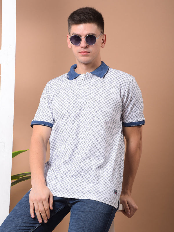 COBB WHITE PRINTED POLO NECK T-SHIRT