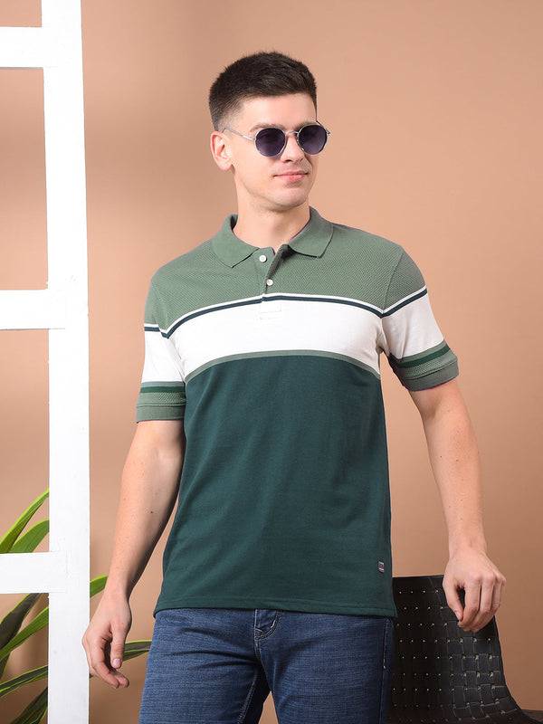 COBB GREEN COLOR-BLOCK POLO NECK T-SHIRT