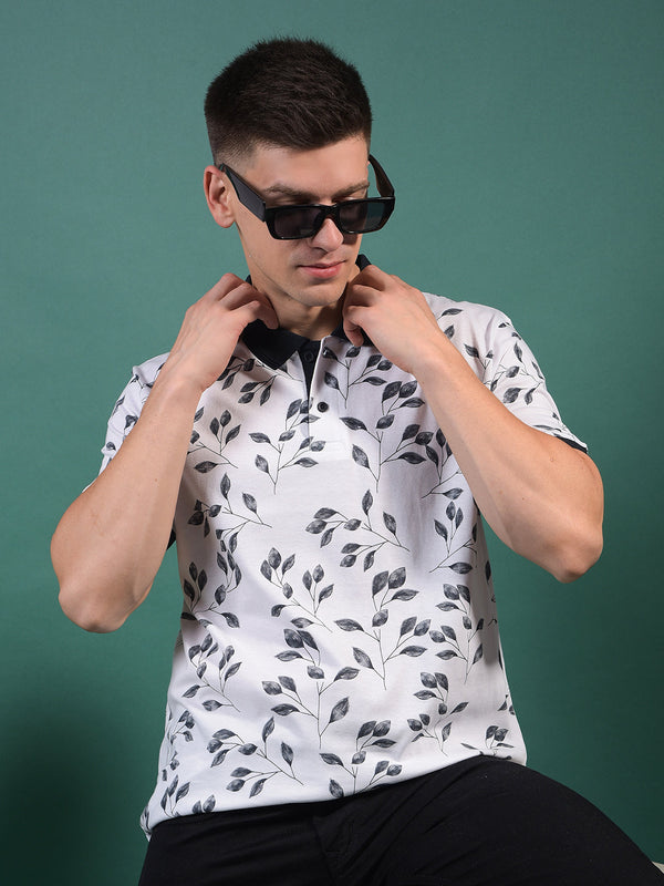 COBB WHITE PRINTED POLO NECK T-SHIRT