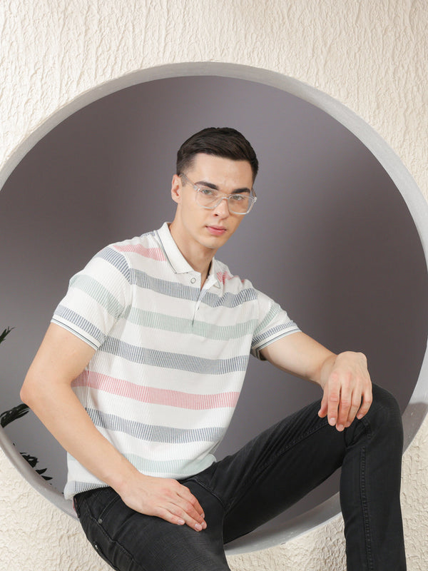 COBB WHITE STRIPED POLO NECK T-SHIRT