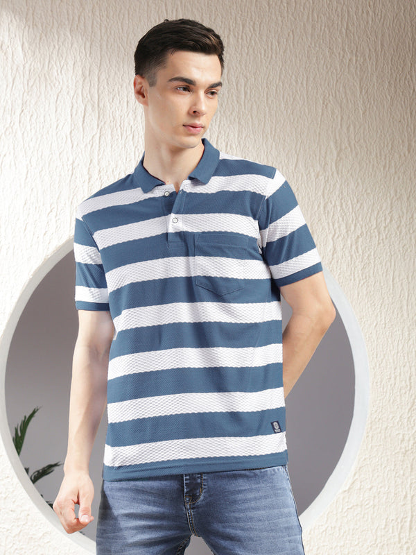 COBB BLUE COLOR-BLOCK POLO NECK T-SHIRT