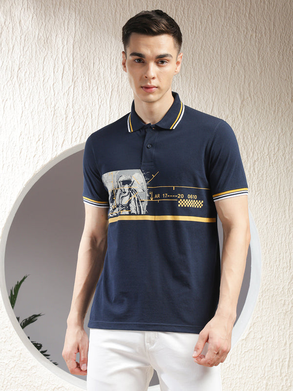 COBB NAVY BLUE PRINTED POLO NECK T-SHIRT