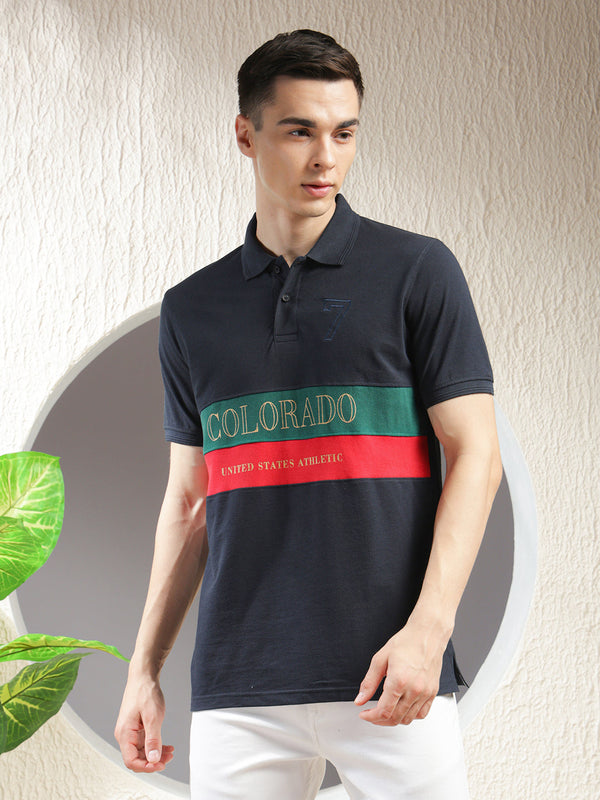 COBB NAVY BLUE COLOR-BLOCK POLO NECK T-SHIRT
