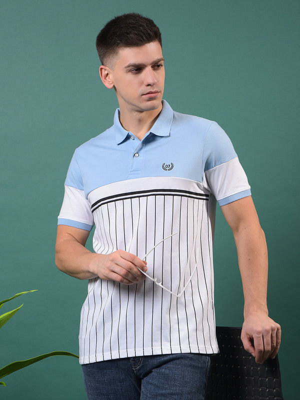 COBB SKY BLUE PRINTED POLO NECK T-SHIRT