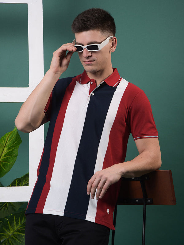 COBB RED STRIPED POLO NECK T-SHIRT