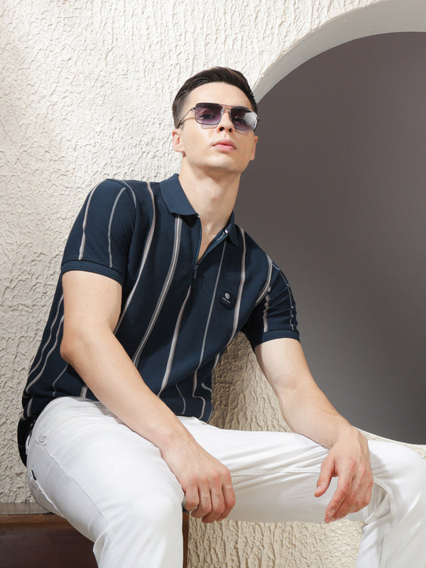 COBB TEAL BLUE STRIPED POLO NECK ZIPPER T-SHIRT