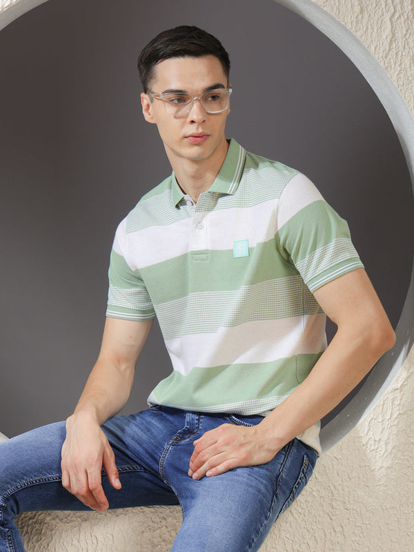 COBB PISTA GREEN COLOR-BLOCK POLO NECK T-SHIRT