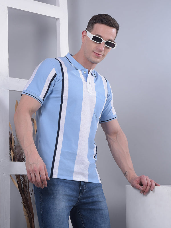 COBB SKY BLUE STRIPED POLO NECK T-SHIRT