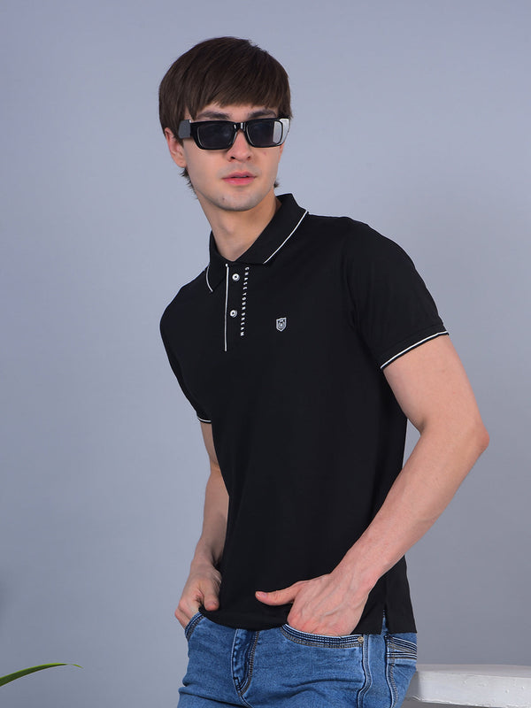 COBB BLACK PRINTED POLO NECK T-SHIRT