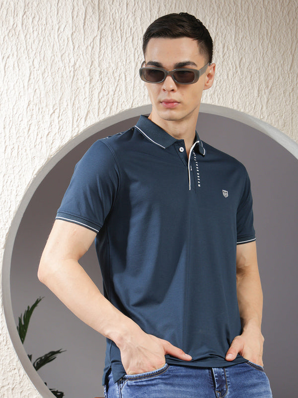 COBB TEAL BLUE PRINTED POLO NECK T-SHIRT