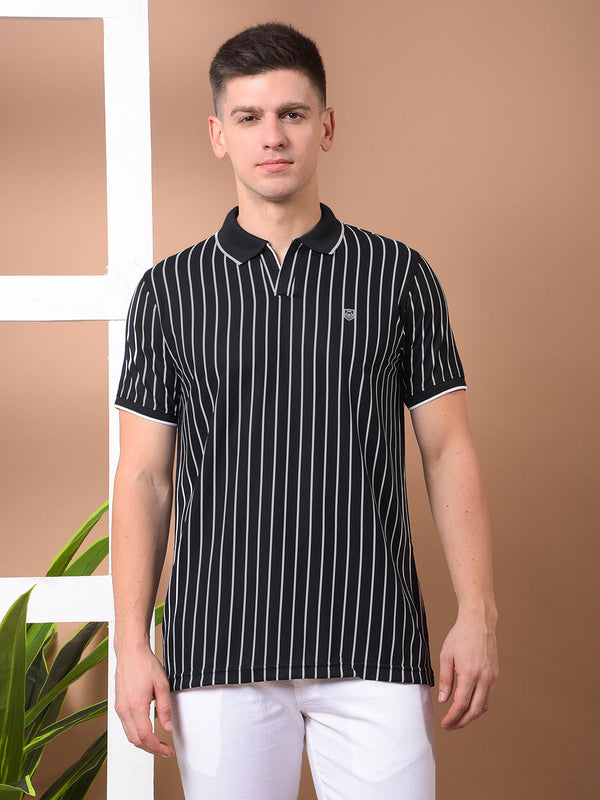 COBB BLACK STRIPED POLO NECK T-SHIRT