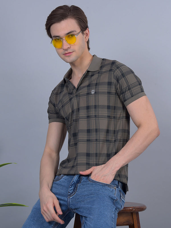 COBB DARK KHAKI CHECKED POLO NECK T-SHIRT