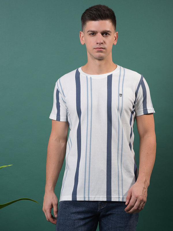 COBB WHITE STRIPED ROUND NECK T-SHIRT