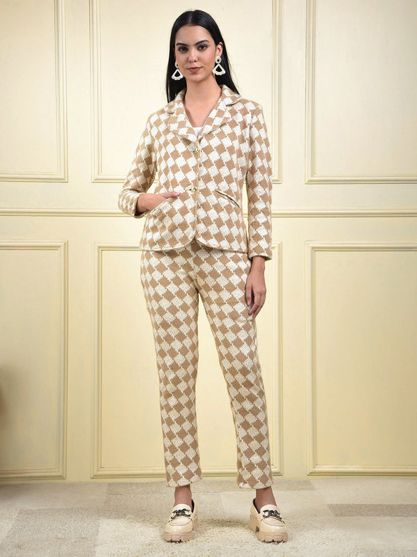 MISS FOREVER CAMEL SELF-DESIGN WINTER CO-ORD SET